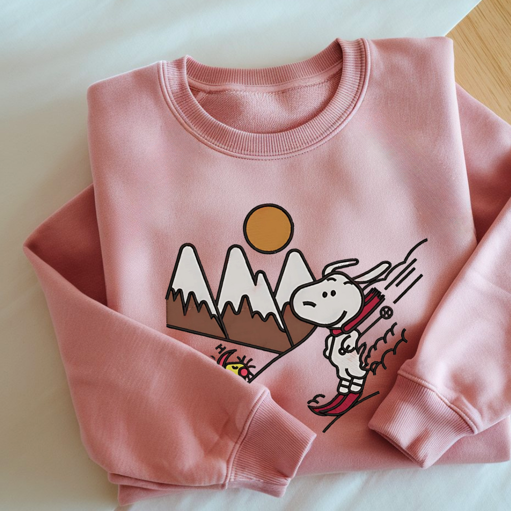 Embroidered Cartoon Christmas Sweatshirt, Snowy Day Sweatshirts, Skiing Design Pullover, Winter Sports Outfits