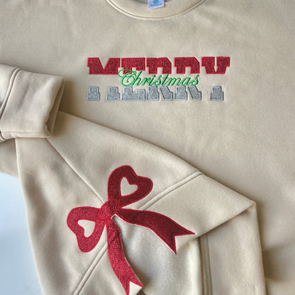 Half Red and Half Silver Glittered Merry Christmas Side Bow Embroidered Sweatshirt, Ribbon Side Bows Embroidered Crewneck