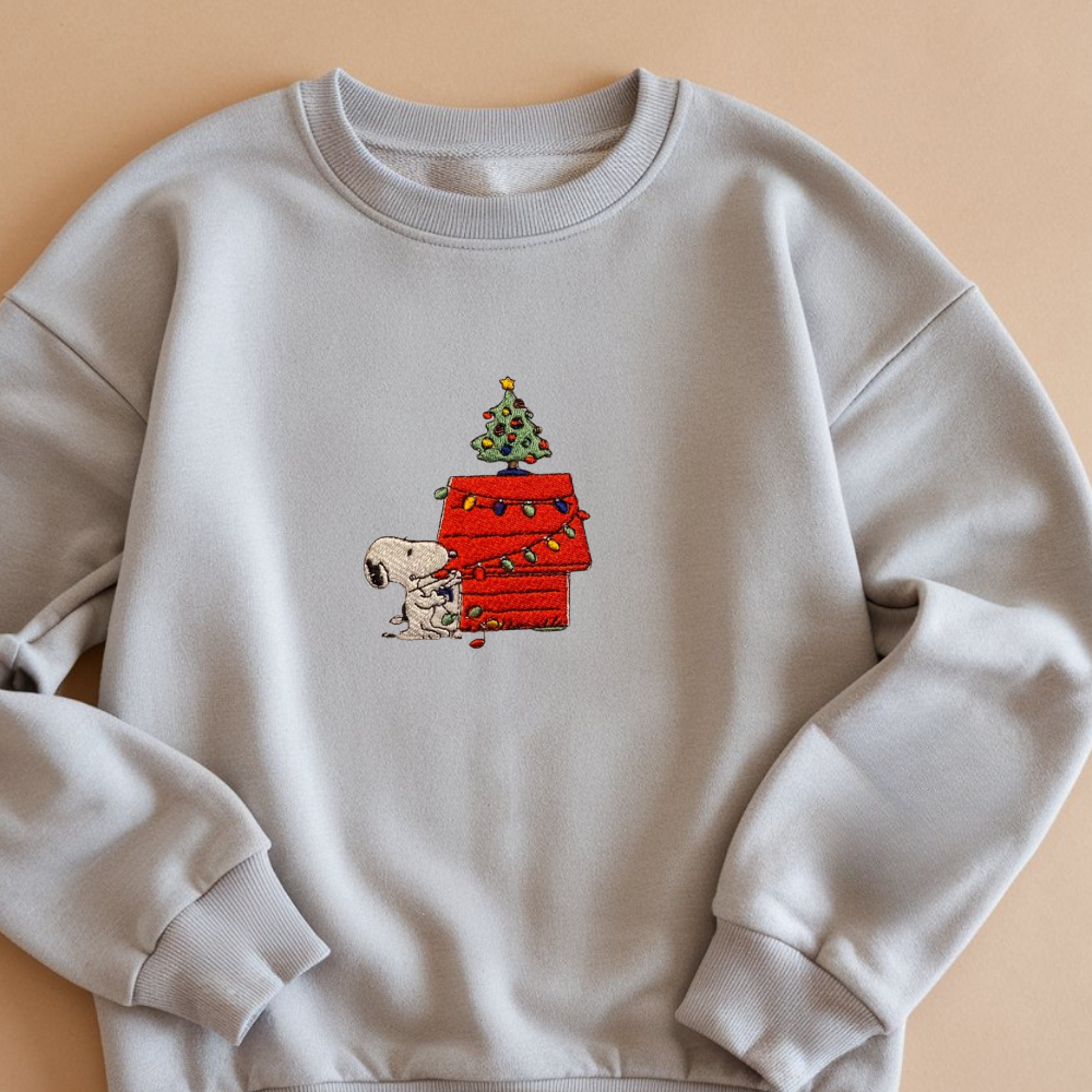 Embroidered Snoopy Christmas Sweatshirt, Christmas Decoration Festive, Christmas Tree Pullover, Cartoon-Inspired Sweatshirt, Cute House Winter Design