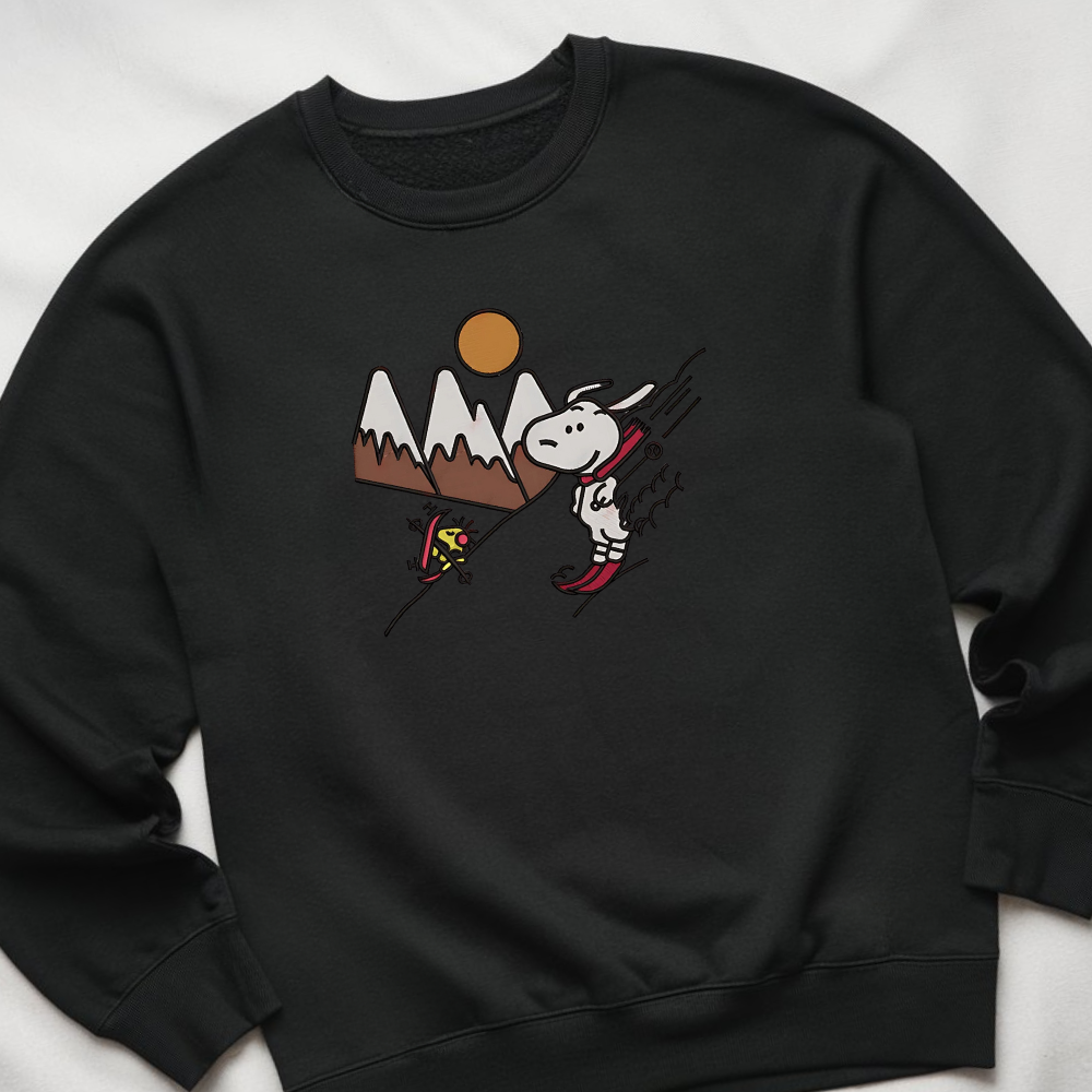 Embroidered Cartoon Christmas Sweatshirt, Snowy Day Sweatshirts, Skiing Design Pullover, Winter Sports Outfits