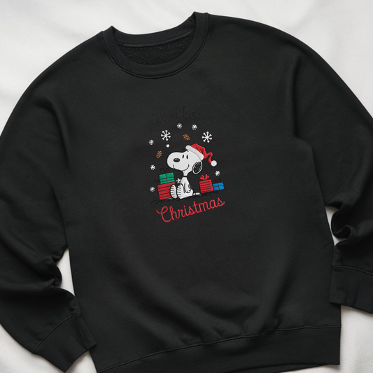 Embroidered Cartoon Christmas Sweatshirt, Cute Dog Festive Sweatshirts, Hello Christmas Pullover, Holiday Couple Outfits