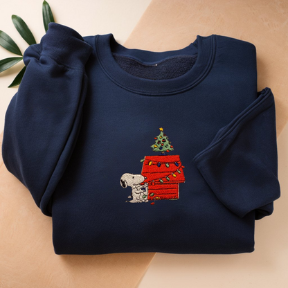 Embroidered Snoopy Christmas Sweatshirt, Christmas Decoration Festive, Christmas Tree Pullover, Cartoon-Inspired Sweatshirt, Cute House Winter Design