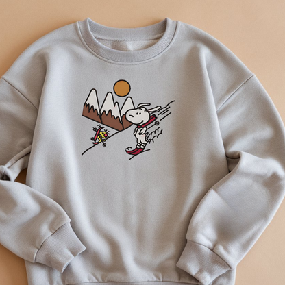 Embroidered Cartoon Christmas Sweatshirt, Snowy Day Sweatshirts, Skiing Design Pullover, Winter Sports Outfits