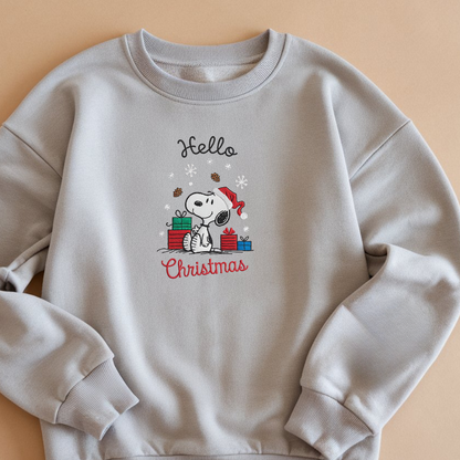 Embroidered Cartoon Christmas Sweatshirt, Cute Dog Festive Sweatshirts, Hello Christmas Pullover, Holiday Couple Outfits