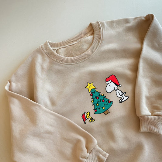 Embroidered Peanuts Christmas Sweatshirt, Peanut & Woodstock Holiday Shirt, Christmas Tree Pullover, Santa-Inspired Design, Cute Cartoon Christmas Top