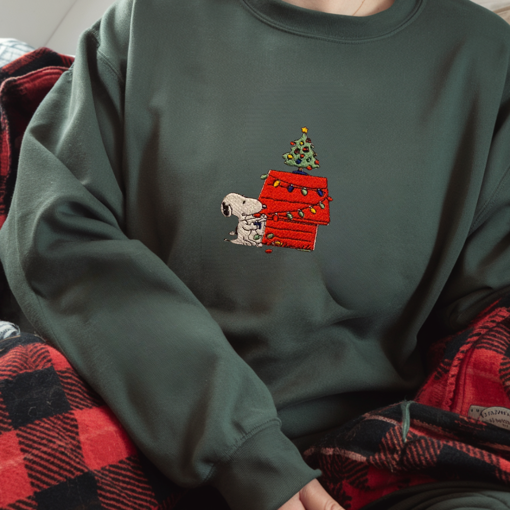 Embroidered Snoopy Christmas Sweatshirt, Christmas Decoration Festive, Christmas Tree Pullover, Cartoon-Inspired Sweatshirt, Cute House Winter Design