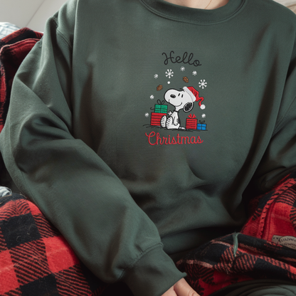 Embroidered Cartoon Christmas Sweatshirt, Cute Dog Festive Sweatshirts, Hello Christmas Pullover, Holiday Couple Outfits