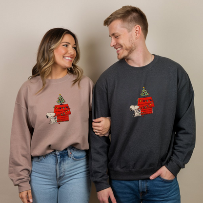 Embroidered Snoopy Christmas Sweatshirt, Christmas Decoration Festive, Christmas Tree Pullover, Cartoon-Inspired Sweatshirt, Cute House Winter Design