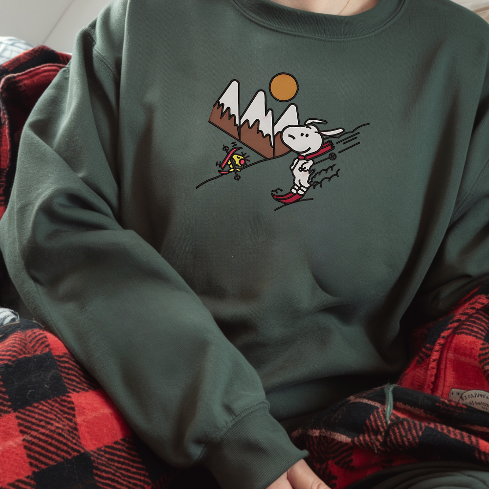 Embroidered Cartoon Christmas Sweatshirt, Snowy Day Sweatshirts, Skiing Design Pullover, Winter Sports Outfits