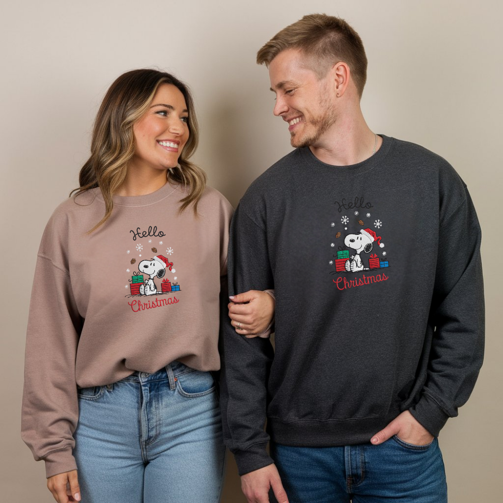 Embroidered Cartoon Christmas Sweatshirt, Cute Dog Festive Sweatshirts, Hello Christmas Pullover, Holiday Couple Outfits