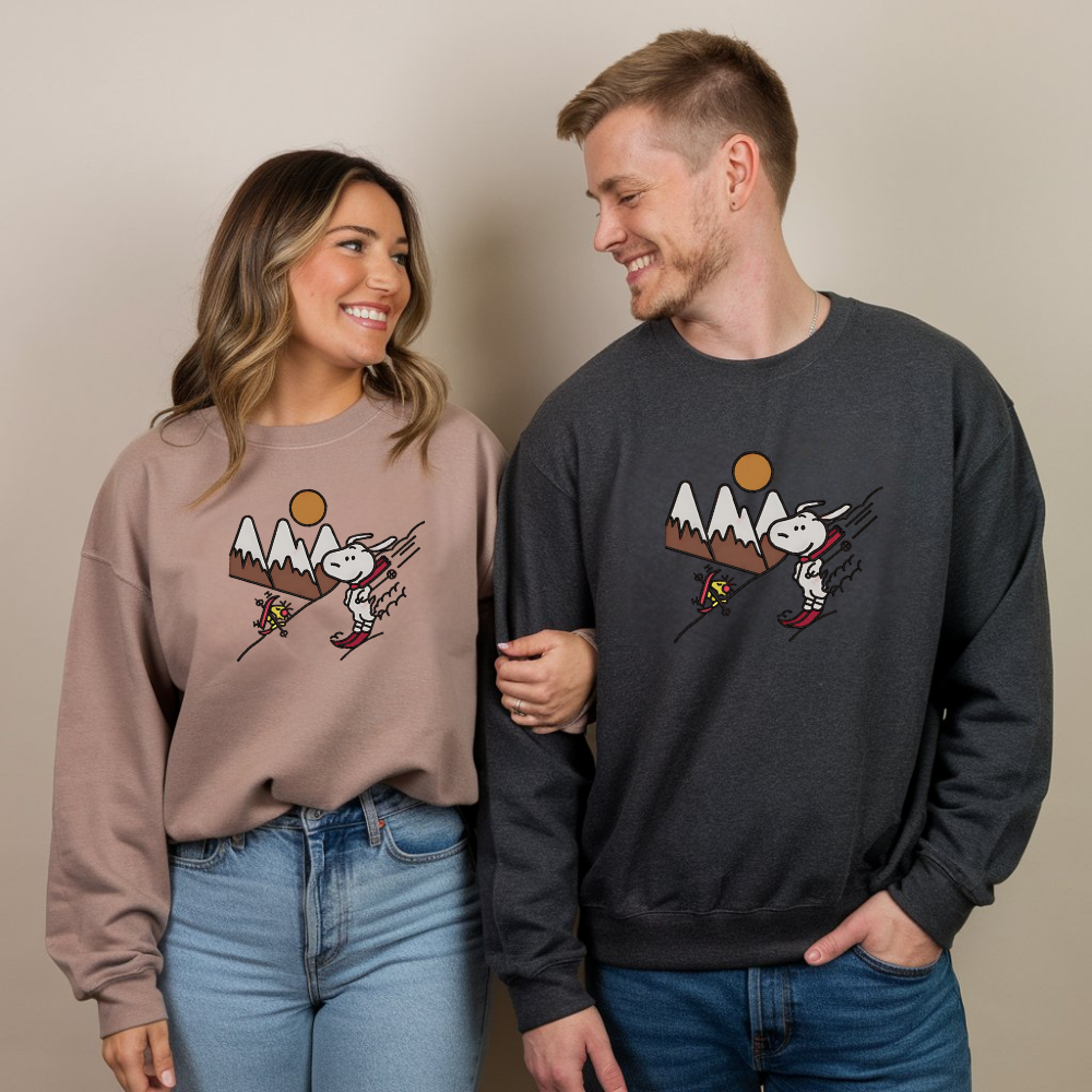 Embroidered Cartoon Christmas Sweatshirt, Snowy Day Sweatshirts, Skiing Design Pullover, Winter Sports Outfits