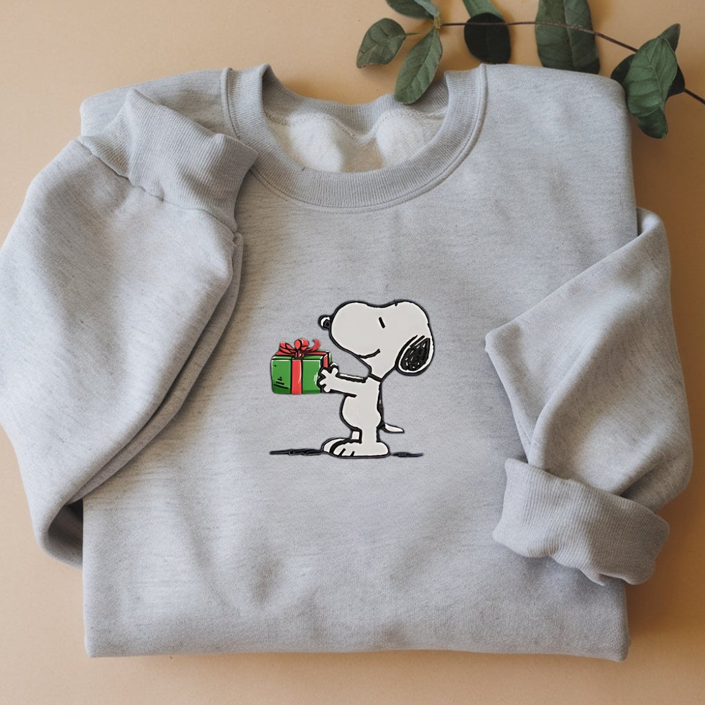 Embroidered Peanuts Christmas Sweatshirt, Vintage Cartoon-Inspired Sweater, Cute Snoopy Holiday Pullover, Christmas Gift Exchange Sweatshirt