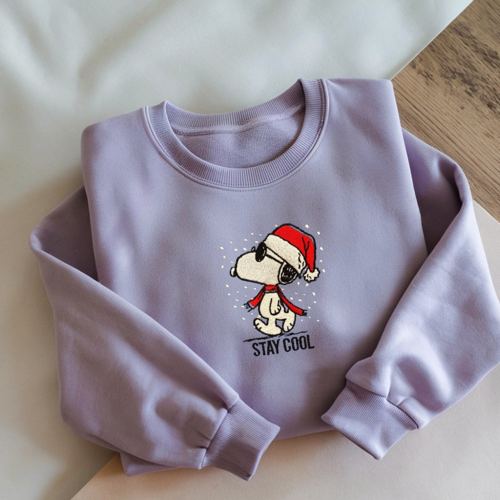 Embroidered Snoopy Christmas Sweatshirt, Vintage Cartoon Pullover, Funny Santa Snoopy Design, Casual Winter Fashion Hoodie, "Stay Cool" Holiday Top