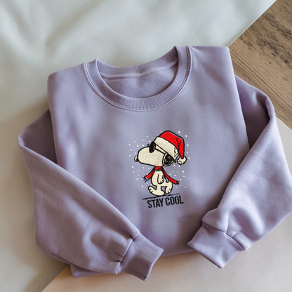 Embroidered Snoopy Christmas Sweatshirt, Vintage Cartoon Pullover, Funny Santa Snoopy Design, Casual Winter Fashion Hoodie, "Stay Cool" Holiday Top