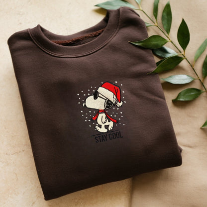 Embroidered Snoopy Christmas Sweatshirt, Vintage Cartoon Pullover, Funny Santa Snoopy Design, Casual Winter Fashion Hoodie, "Stay Cool" Holiday Top