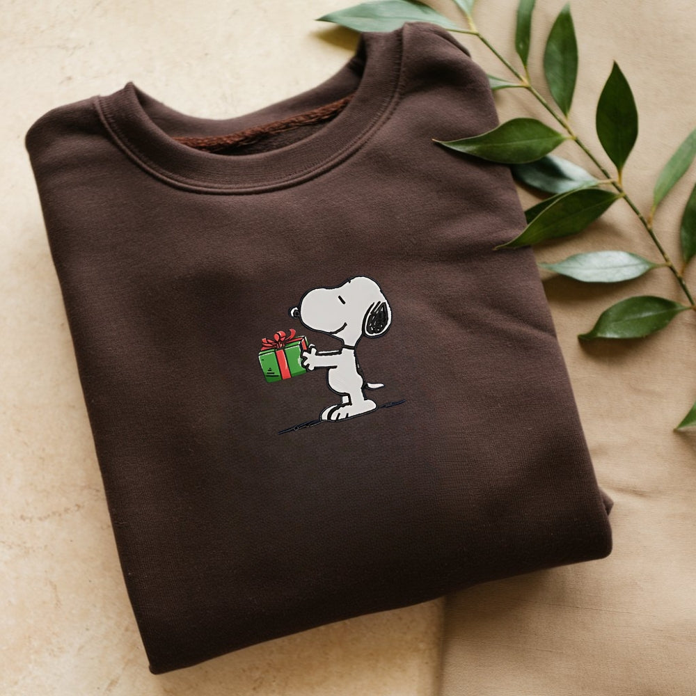 Embroidered Peanuts Christmas Sweatshirt, Vintage Cartoon-Inspired Sweater, Cute Snoopy Holiday Pullover, Christmas Gift Exchange Sweatshirt