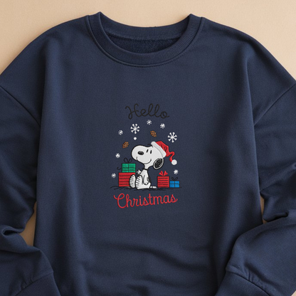 Embroidered Cartoon Christmas Sweatshirt, Cute Dog Festive Sweatshirts, Hello Christmas Pullover, Holiday Couple Outfits