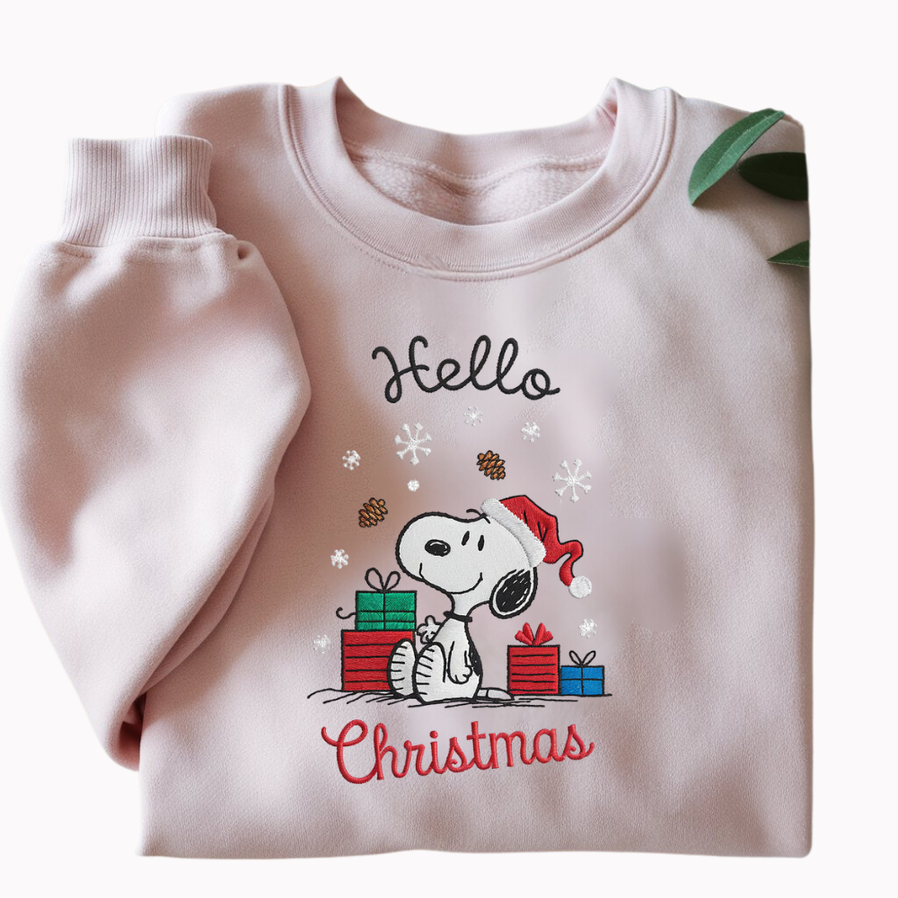 Embroidered Cartoon Christmas Sweatshirt, Cute Dog Festive Sweatshirts, Hello Christmas Pullover, Holiday Couple Outfits