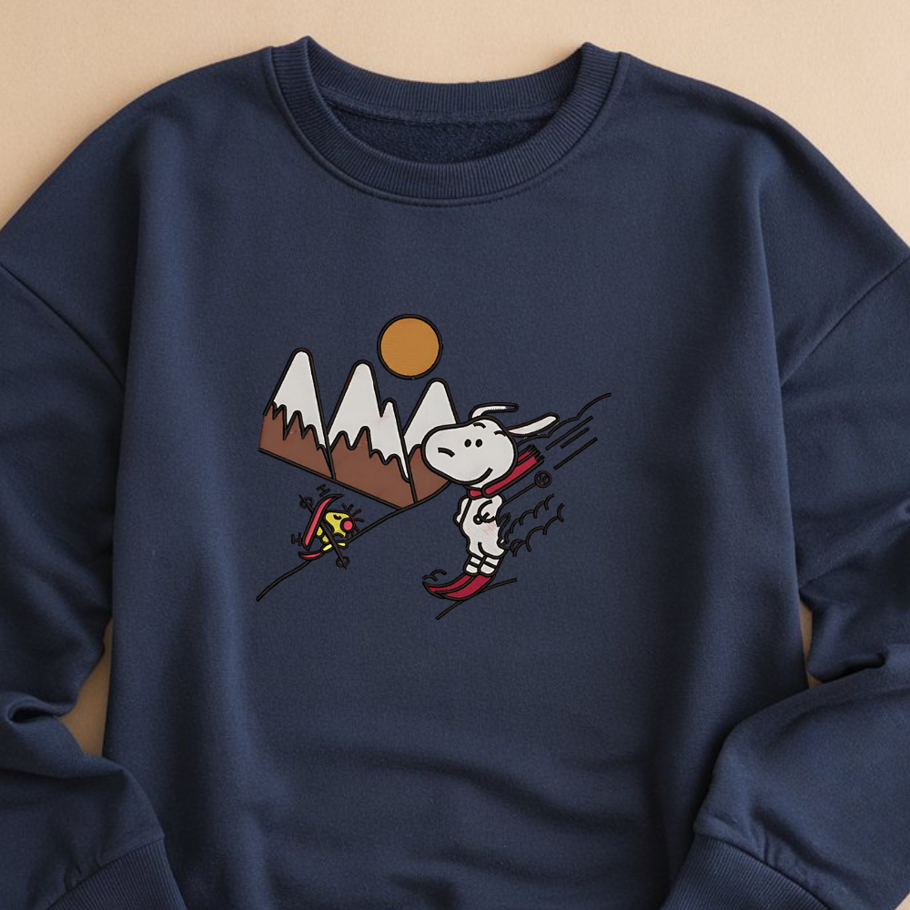 Embroidered Cartoon Christmas Sweatshirt, Snowy Day Sweatshirts, Skiing Design Pullover, Winter Sports Outfits