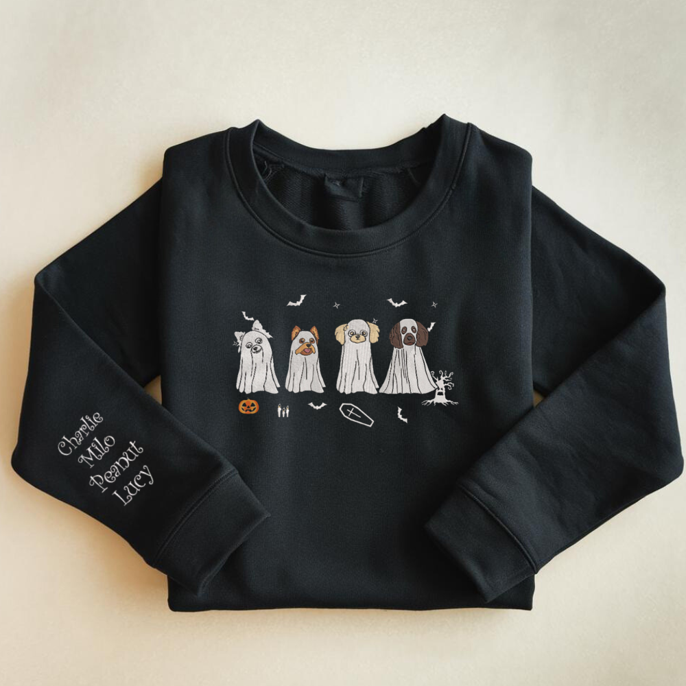 Custom Ghost Dog Embroidered Matching Sweatshirt, Halloween Gift For Dog Mom Dog Dad