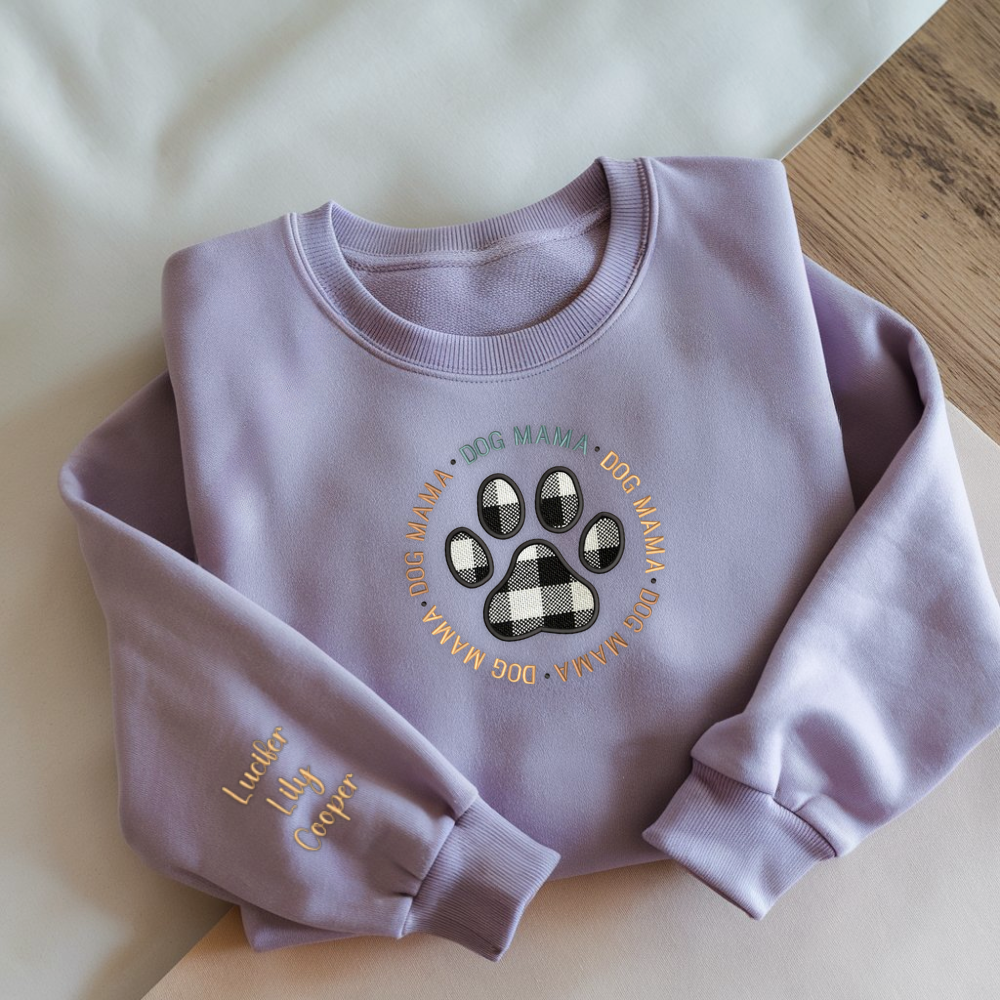 Dog Mama Custom Dog Applique Embroidery Sweatshirt, Dog Paw Matching Shirt, Dog Mom Gift