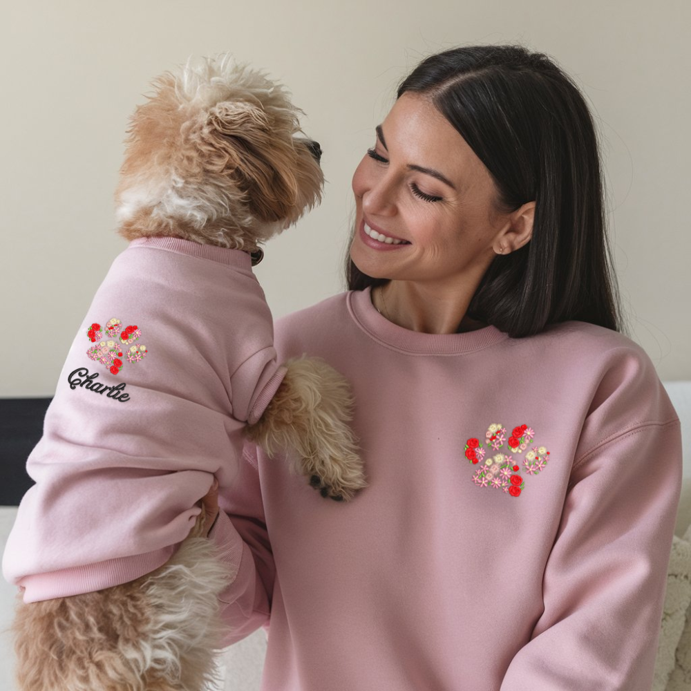 Dog Paw Floral Embroidered Fall Sweatshirt, Custom Pet Name On Sleeve Matching Shirt