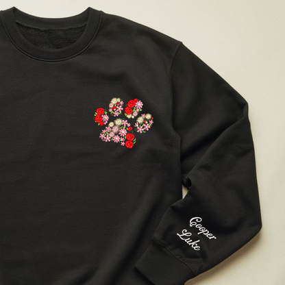 Dog Paw Floral Embroidered Fall Sweatshirt, Custom Pet Name On Sleeve Matching Shirt