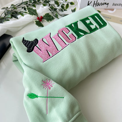 Wicked Glitter Embroidered Sweatshirt, Defy Gravity Broomstick On Sleeve Sweatshirt, Wizard of Oz Movie Gift, Cotton, Recycled Polyester Blends