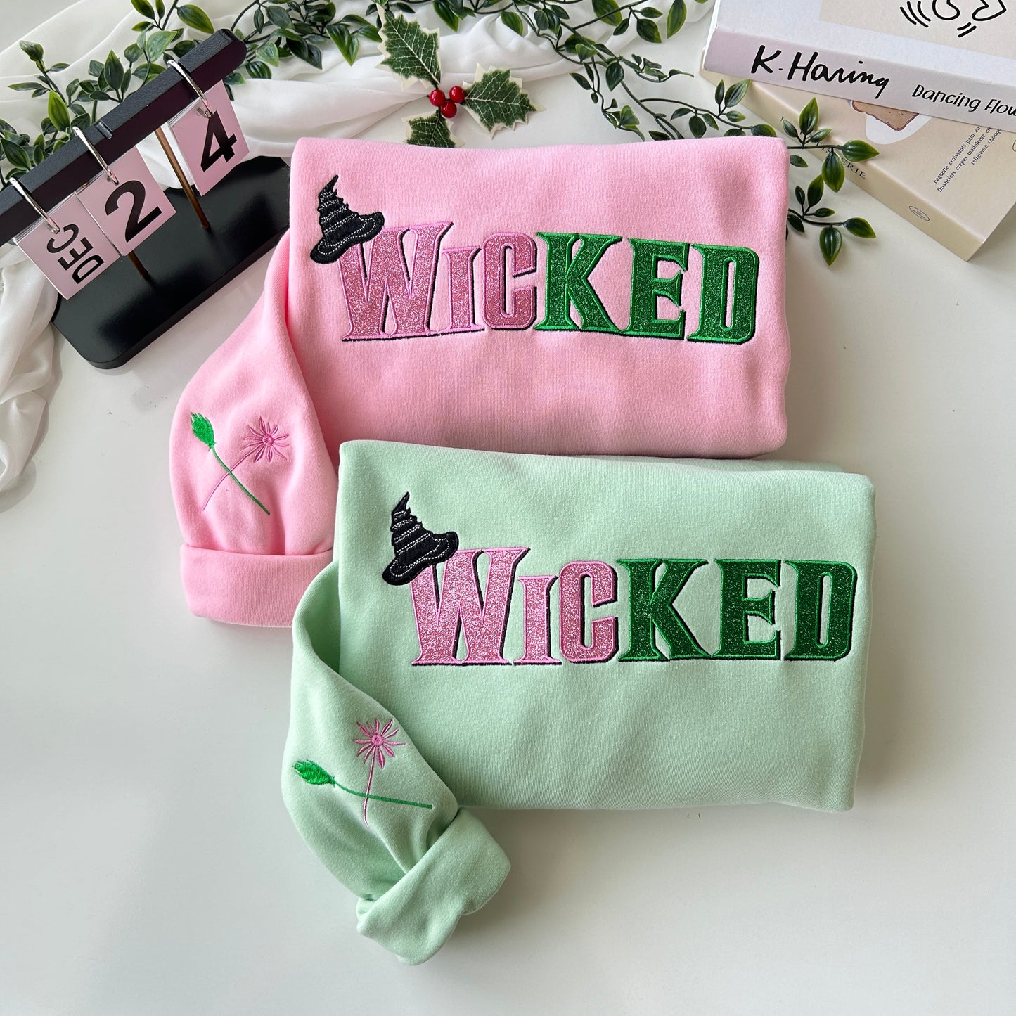 Wicked Glitter Embroidered Sweatshirt, Defy Gravity Broomstick On Sleeve Sweatshirt, Wizard of Oz Movie Gift, Cotton, Recycled Polyester Blends