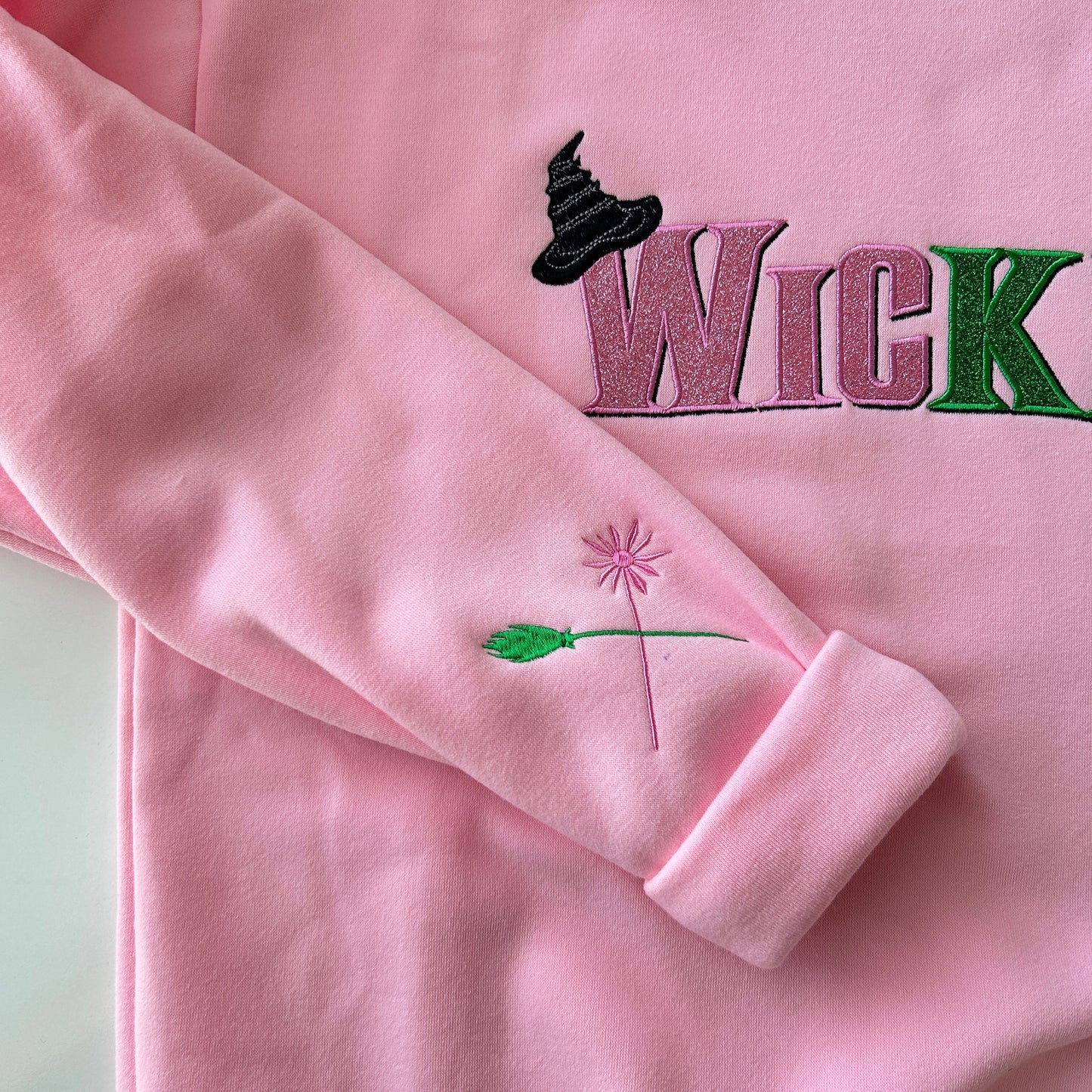 Wicked Glitter Embroidered Sweatshirt, Defy Gravity Broomstick On Sleeve Sweatshirt, Wizard of Oz Movie Gift, Cotton, Recycled Polyester Blends