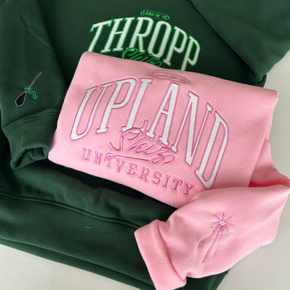 Thropp Upland Shiz University Glitter Embroidered Sweatshirt, Land of Oz Elphaba Glinda Defy Gravity, Wicked Musical Movie Varsity Classic Cotton