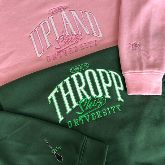 Thropp Upland Shiz University Glitter Embroidered Sweatshirt, Land of Oz Elphaba Glinda Defy Gravity, Wicked Musical Movie Varsity Classic Cotton