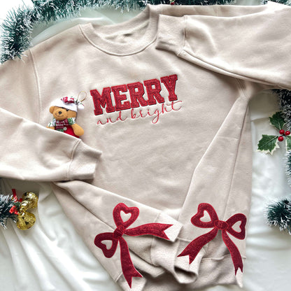 Merry and Bright Glitter Embroidered Bow Sweatshirt, Side Bow Glitter Sweatshirt, Custom Grand millennial Coquette Style, Christmas Bow Sweatshirt