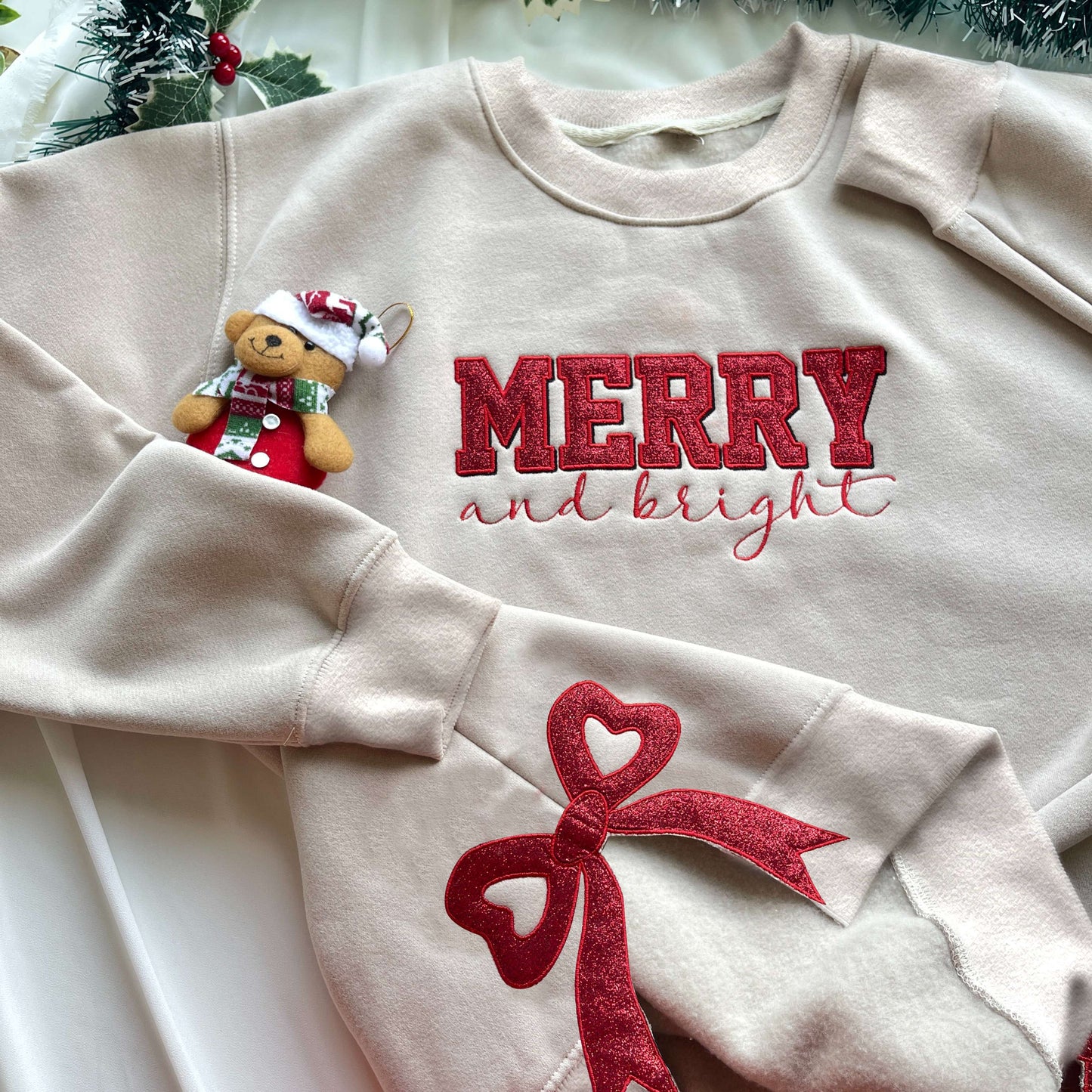 Merry and Bright Glitter Embroidered Bow Sweatshirt, Side Bow Glitter Sweatshirt, Custom Grand millennial Coquette Style, Christmas Bow Sweatshirt