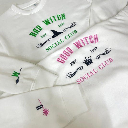 Good Witch Bad Witch Social Club Embroidered Sweatshirt, Cute Womens Sweatshirt, Besties Fall Crewneck Gift Cotton, Recycled Polyester Blends