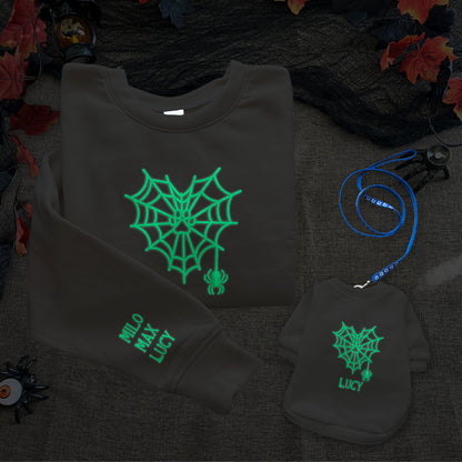 Glow In The Dark Dog Paw Spider Web Custom Name Embroidered Matching Shirts, Dog Mom Halloween Gift