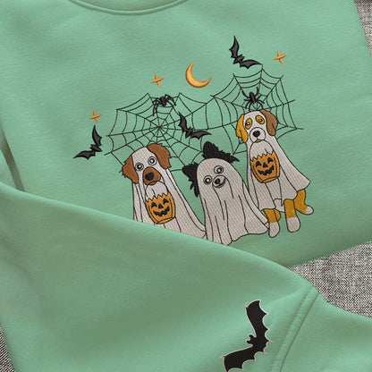 Custom Ghost Dog Spider Web Embroidered Matching Sweatshirt, Halloween Gift For Dog Mom Dog Dad