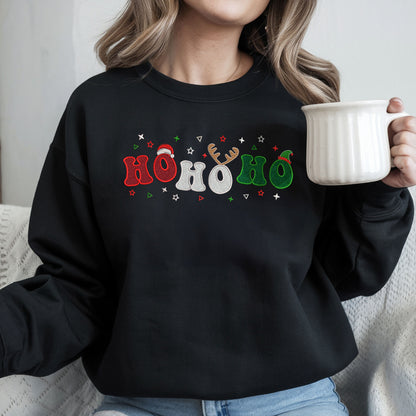 Embroidered Ho Ho Ho Glitter Applique Sweatshirt - Festive Christmas Sweater, Holiday Glitter Embroidery