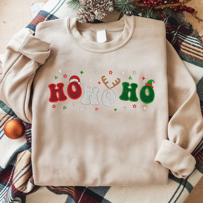 Embroidered Ho Ho Ho Glitter Applique Sweatshirt - Festive Christmas Sweater, Holiday Glitter Embroidery