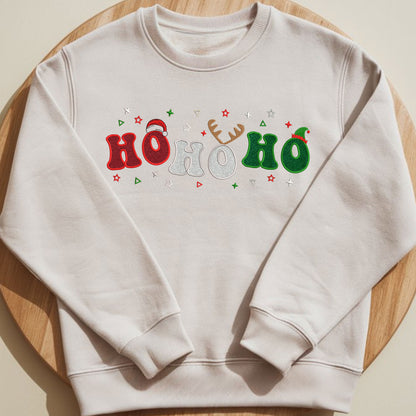 Embroidered Ho Ho Ho Glitter Applique Sweatshirt - Festive Christmas Sweater, Holiday Glitter Embroidery