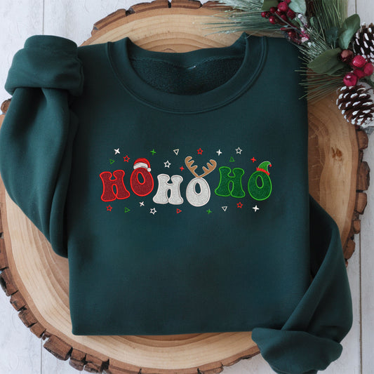 Embroidered Ho Ho Ho Glitter Applique Sweatshirt - Festive Christmas Sweater, Holiday Glitter Embroidery