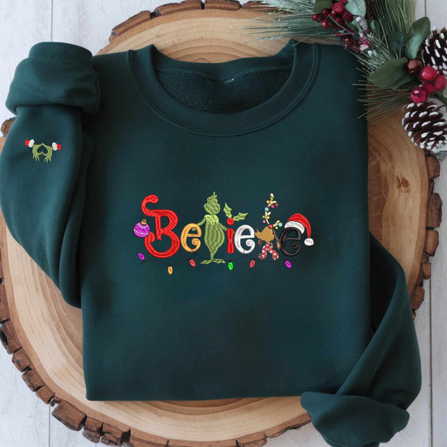 Festive Grinch-Inspired Believe Embroidery Sweatshirt, Christmas Sweatshirt, Holiday Sweater