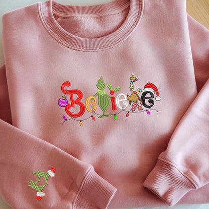 Festive Grinch-Inspired Believe Embroidery Sweatshirt, Christmas Sweatshirt, Holiday Sweater