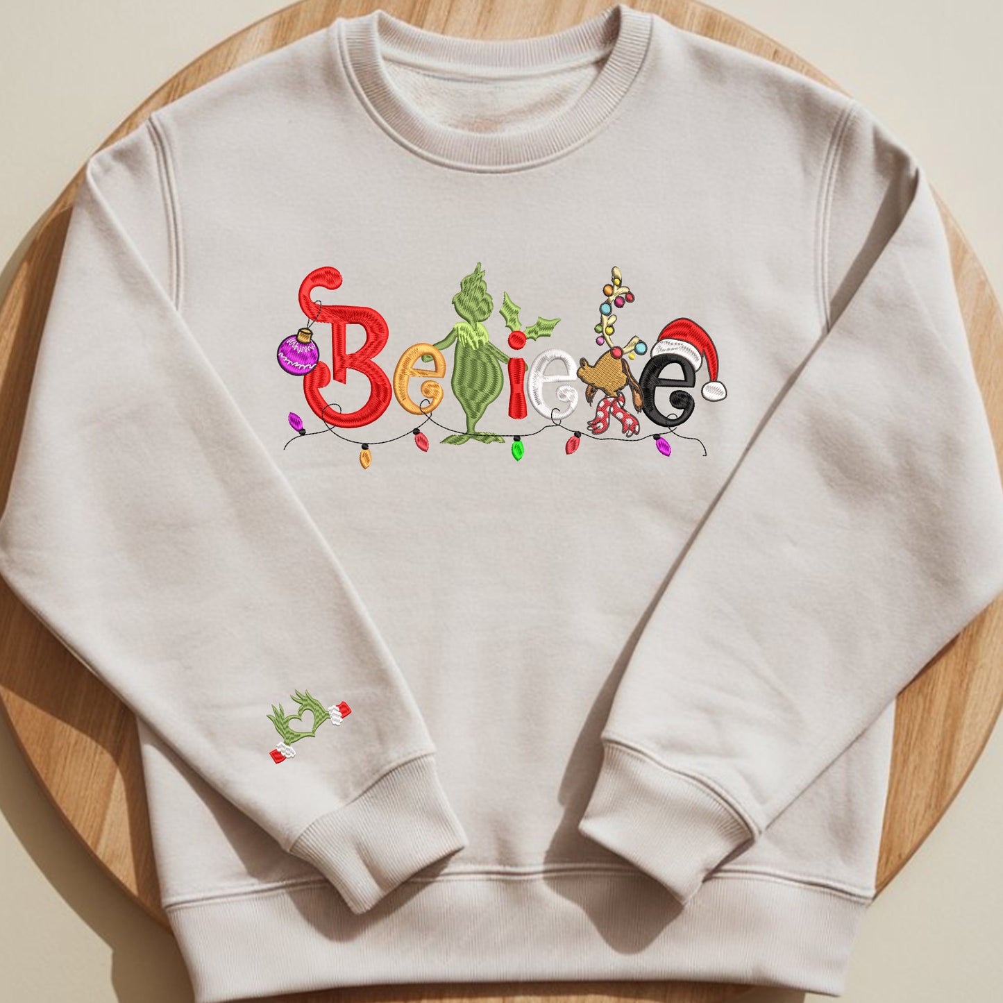 Festive Grinch-Inspired Believe Embroidery Sweatshirt, Christmas Sweatshirt, Holiday Sweater