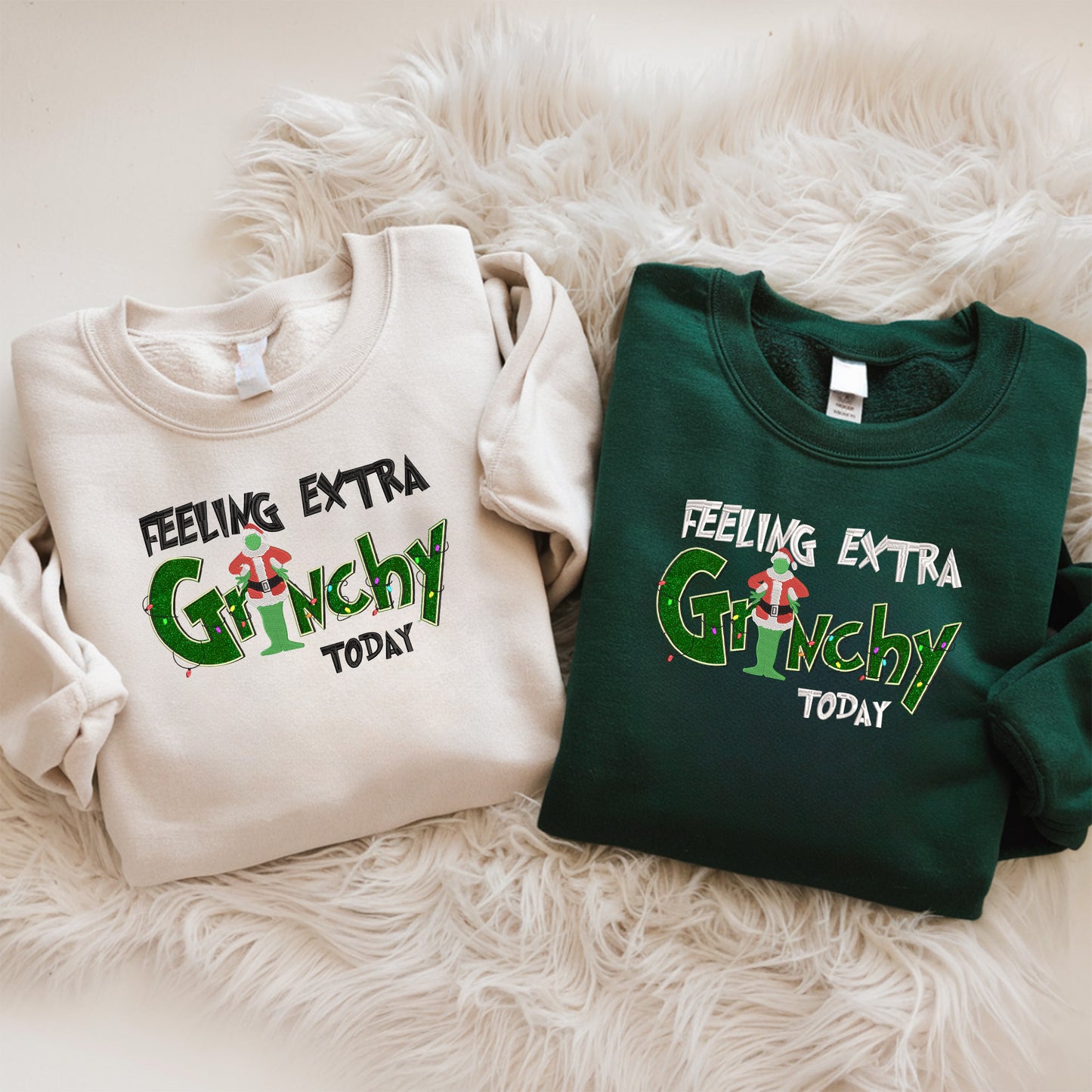 Feeling Extra Grinchy Glitter Embroidery Christmas Sweatshirt - Holiday Pullover, Festive Gift