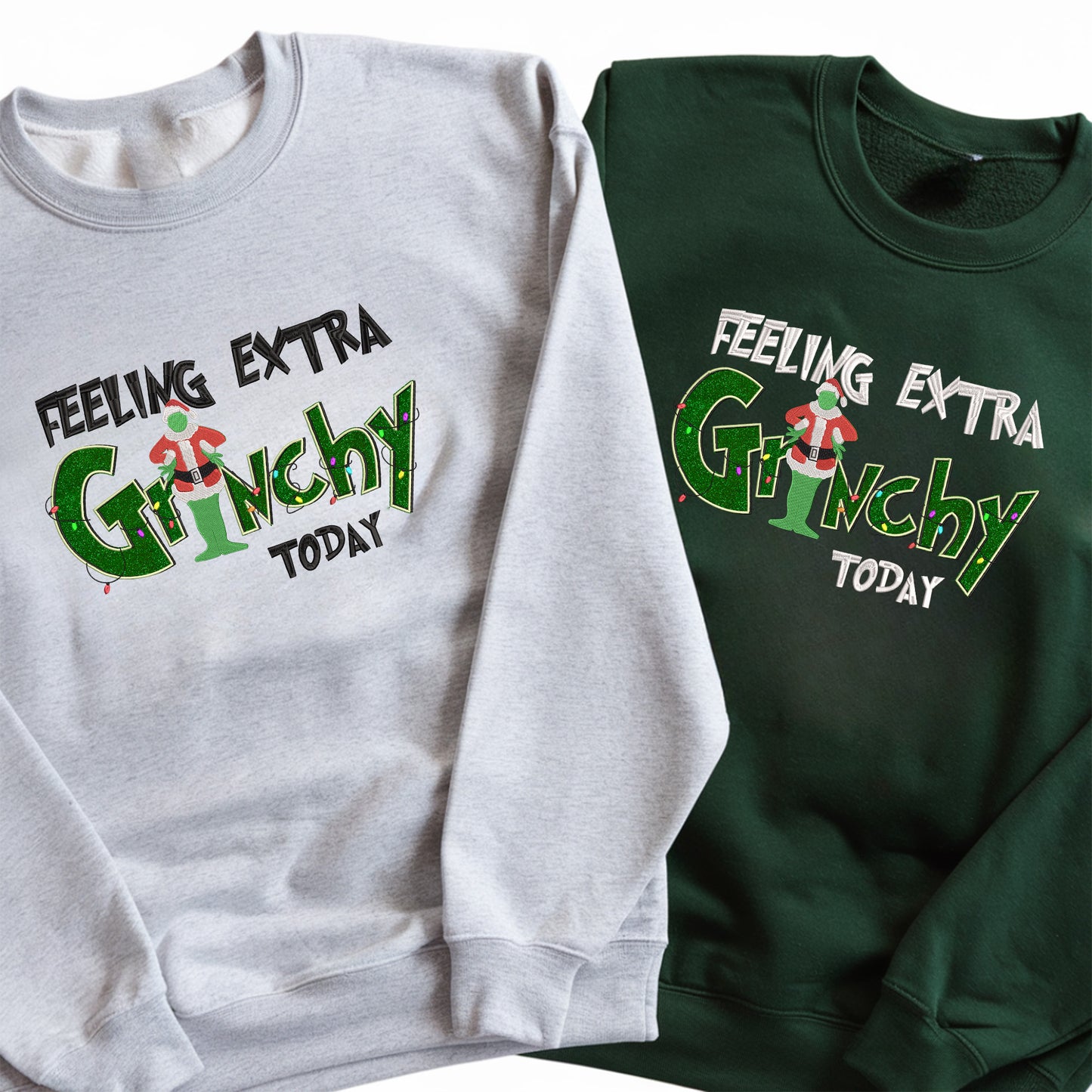 Feeling Extra Grinchy Glitter Embroidery Christmas Sweatshirt - Holiday Pullover, Festive Gift