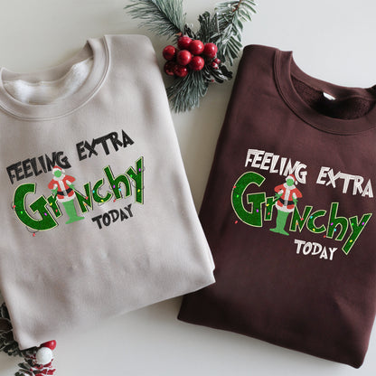 Feeling Extra Grinchy Glitter Embroidery Christmas Sweatshirt - Holiday Pullover, Festive Gift