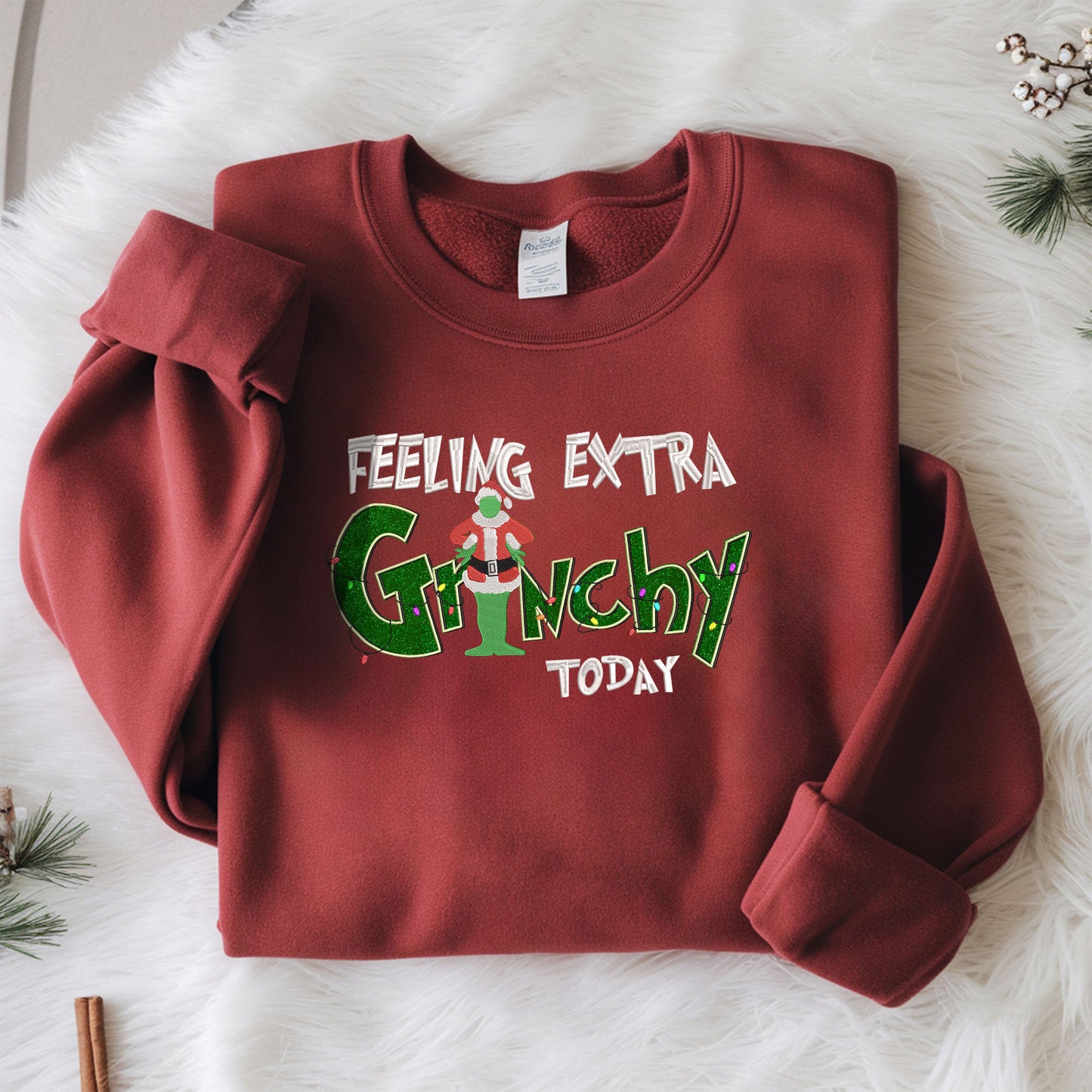 Feeling Extra Grinchy Glitter Embroidery Christmas Sweatshirt - Holiday Pullover, Festive Gift