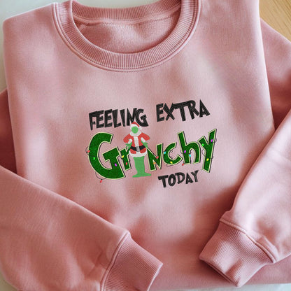 Feeling Extra Grinchy Glitter Embroidery Christmas Sweatshirt - Holiday Pullover, Festive Gift