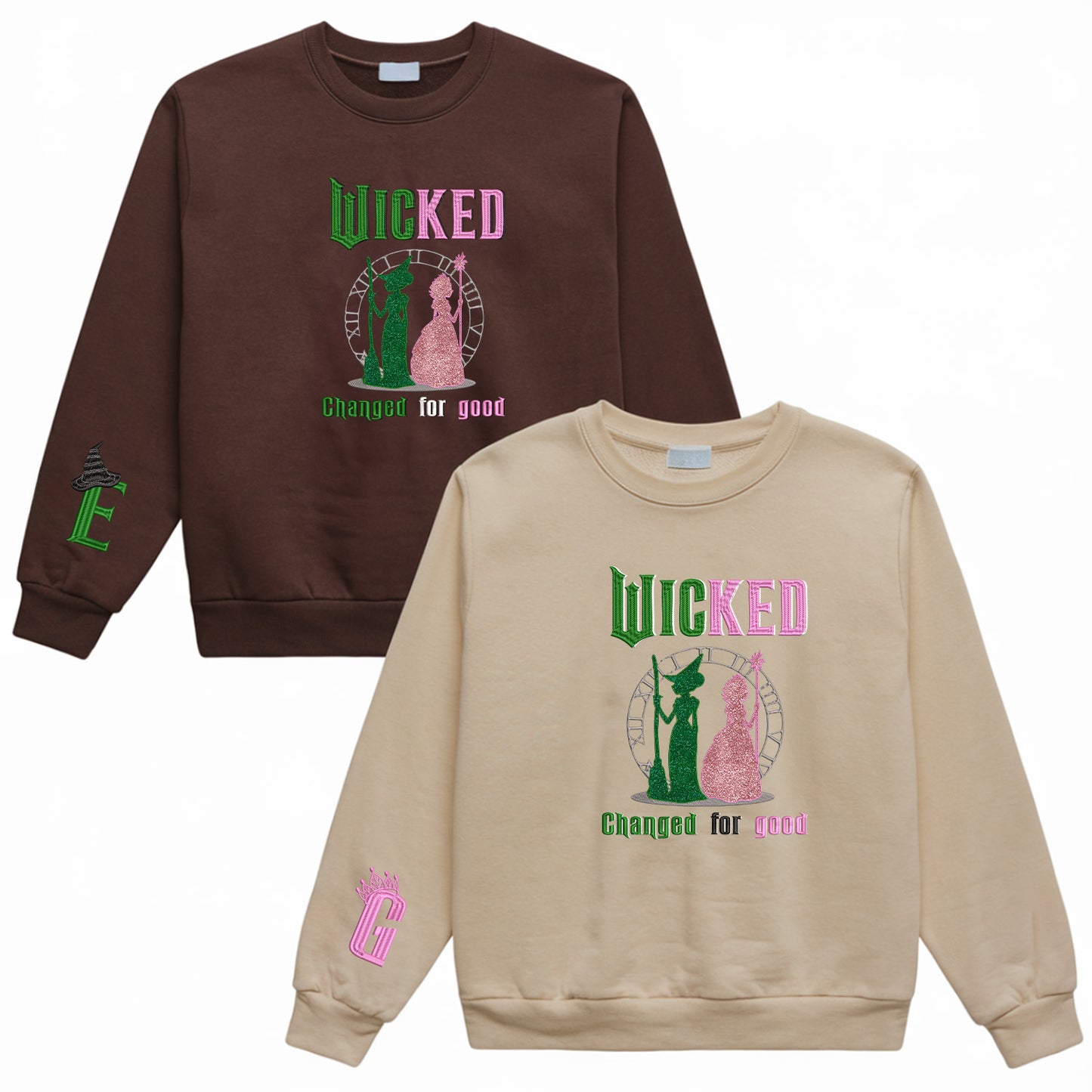 Wicked Pink and Green Change For Good Unisex Embroidered Glitter Sweatshirt, Elphaba and Glinda Sweater, Cotton And Recycled Polyester Blends